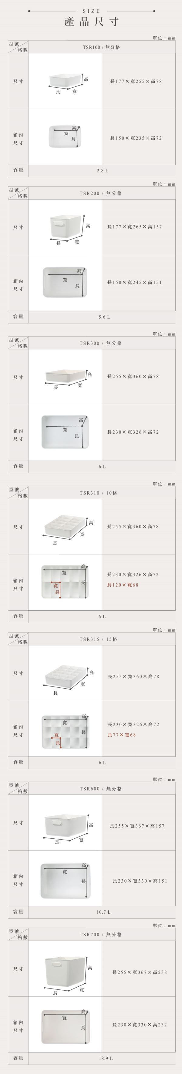 無雙收納盒/盤(TSR)尺寸