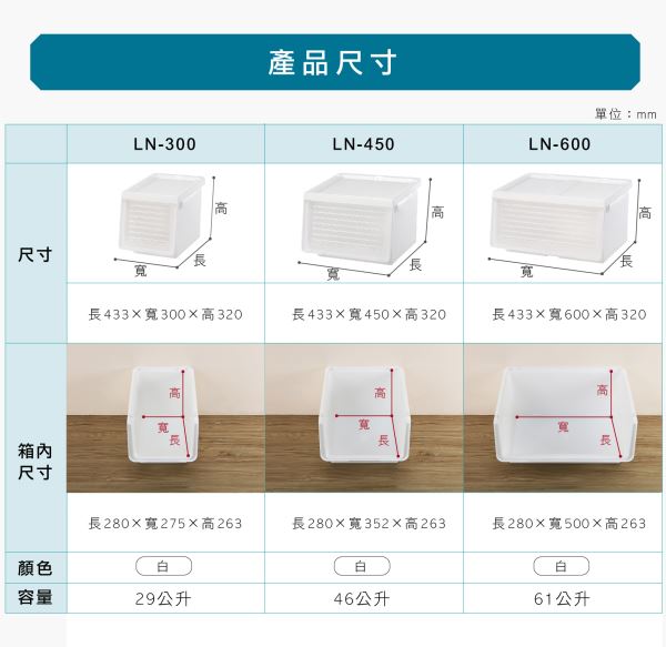 Line直取式整理箱(LN)尺寸